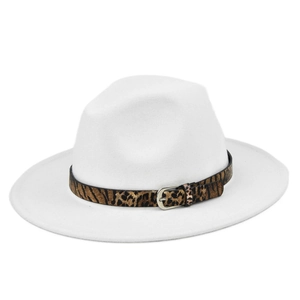Detail of white fedora hat featuring a leopard print band and silver metal buckle closure