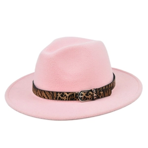 Detail of pink fedora hat showing leopard print band and metallic buckle detail