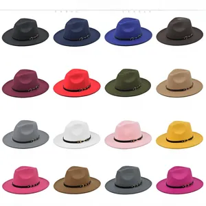 Matrix display of sixteen colorful wide brim wool fedora hats with stylish buckles