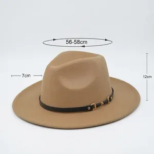 Elegant khaki wool jazz hat size chart featuring a wide brim and gold buckle detail