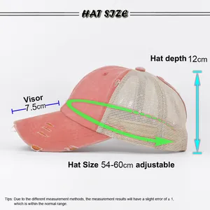 Tabla de tallas para gorra de béisbol ajustable con coleta y medidas de visera y fondo