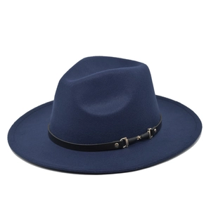Detail of navy blue wool fedora hat featuring a stylish black leather band with silver buckle