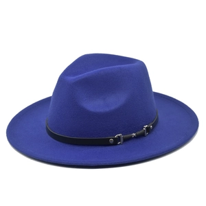 Elegant royal blue wool fedora hat with black leather band and silver buckle accents