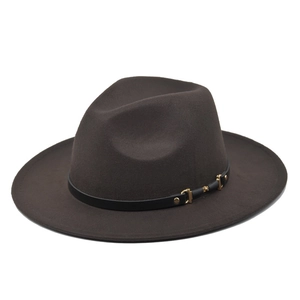Detail of chocolate brown wool fedora hat with black leather band and gold buckle