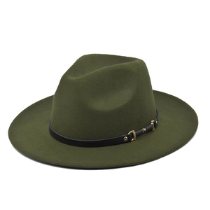 Detail of wool fedora hat with black leather band and gold metal buckle hardware