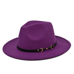 Detailed macro view of purple wool fedora hat featuring a black leather band and gold buckle