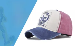 Detail of vintage washed canvas baseball cap featuring distressed edges and star print
