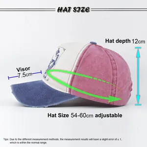 Size chart showing adjustable 54-60cm circumference for the distressed baseball cap