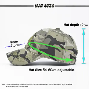 Size chart showing 12cm depth and 7.5cm visor of adjustable camouflage baseball cap