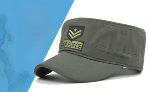 Detail view of cotton olive drab cadet cap with embroidered Air Force insignias