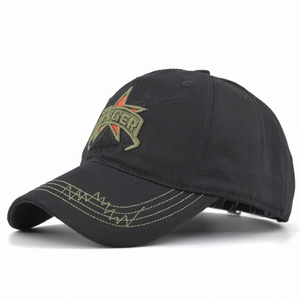 Detailed view of Ranger 3D embroidery and green wave stitching on camouflage baseball cap