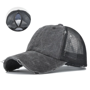 Dames Paardenstaart Baseballpet Distressed Gewassen Gaas Pet Hoge Paardenstaart Opening Verstelbaar Zomer Outdoor Sport Zonnehoed