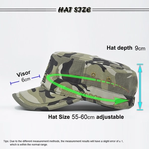 Tactical camouflage patrol cap with dimensions 9cm depth 6cm brim and 55-60cm circumference