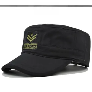 Detail of Force embroidery on a black cotton tactical military patrol cap shown from the side