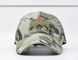 Detailed close-up of jungle camouflage baseball cap with Ranger embroidery and star
