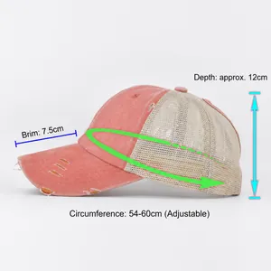 Gorra de béisbol rosa desgastada para coleta con malla y medidas de talla ajustable