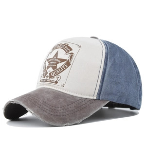 Detailed close-up of retro baseball cap with five-star shield print and distressed brim