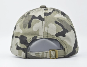 Detail of camouflage baseball cap showing adjustable back strap and metal buckle