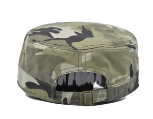 Detail of adjustable metal buckle on camouflage military cap with brand embroidery
