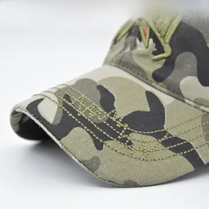 Close-up of camouflage baseball cap featuring 3D embroidery and durable curved brim stitching