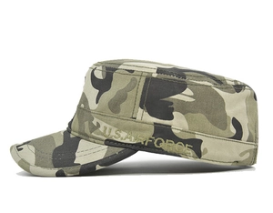 Detail of U.S. AIRFORCE embroidery on camouflage flat top tactical military cap
