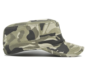 Side view of military patrol cap featuring jungle camouflage pattern and reinforced stitching