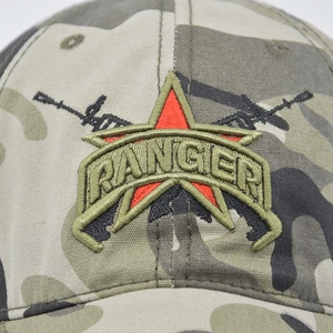 Detailed close-up of tactical camo baseball cap with 3D embroidery and RANGER patch
