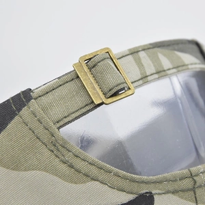 Camouflage baseball cap with adjustable bronze metal buckle and durable canvas texture