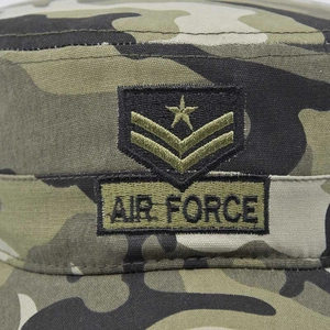 Detailed close-up of Air Force embroidery and camouflage pattern on the tactical army cap