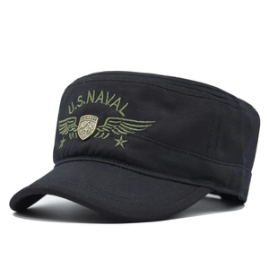 Detail of U.S. NAVAL embroidery and gold U.S. ARMY metal badge on black tactical cadet cap