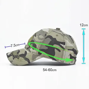 Adjustable camouflage baseball cap with embroidery dimensions showing 54-60cm circumference