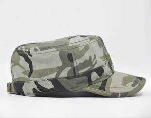 Detail showing tactical camo patrol cap with eagle embroidery and metal adjustment buckle