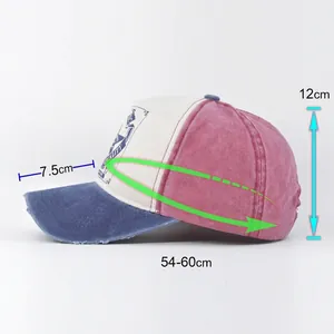 Washed cotton baseball cap with adjustable strap and contrast color patchwork design
