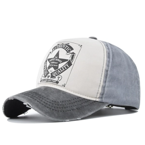 Distressed vintage washed cotton baseball cap with grey and beige contrast star print