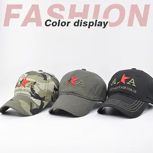 Three camouflage and solid cotton baseball caps with 3D star and navy embroidery