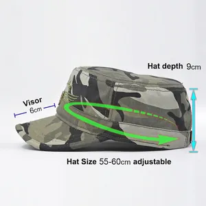 Tactical camouflage military flat top hat with eagle embroidery and size chart