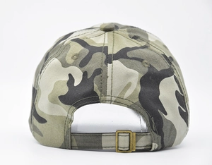 Detail view of the camouflage baseball cap showing adjustable bronze metal buckle at back