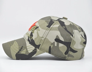 Detail view of Air Force embroidery on camouflage cotton baseball cap for outdoor training
