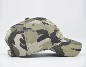 Side view of camouflage baseball cap with 3D LA ARMY embroidery and metal buckle