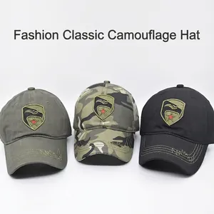 Men's camouflage baseball caps with star embroidery in green, black, and camo patterns
