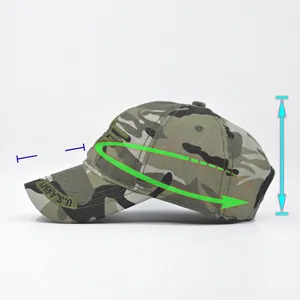 Tactical camouflage baseball cap size chart with adjustable fit and US Army embroidery