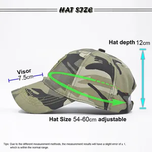 Detailed size chart for camouflage baseball cap showing adjustable 54 to 60cm head size