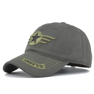 Detail view of military green tactical cap with embroidered star and U.S. ARMY patch