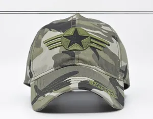 Detailed close-up of embroidered star logo and ARMY tag on camouflage tactical baseball cap