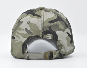 Close-up of camouflage baseball cap featuring a bronze adjustable metal buckle at the back