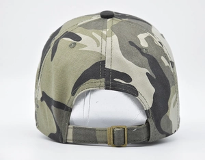 Detail of camouflage baseball cap with adjustable metal buckle and durable fabric strap
