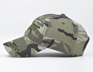 Detailed close-up of U.S. ARMY embroidery on a camouflage tactical baseball cap