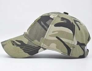 Detailed side view of camouflage baseball cap showing canvas texture and metal buckle