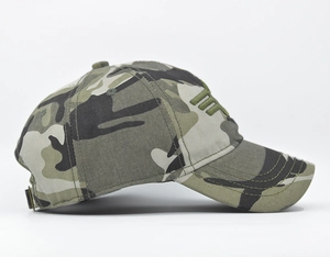 Detail of embroidered camouflage tactical baseball cap with metal buckle and curved stitching
