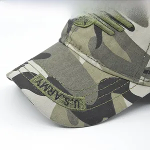 Close-up of U.S. ARMY embroidery and camouflage canvas texture on tactical baseball cap
